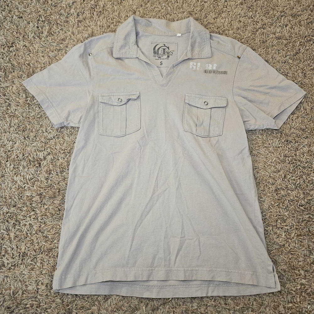 GUESS Mens Grey Beige Retro Style Polo Shirt Y2K Style‎ Size Small Graphic Print